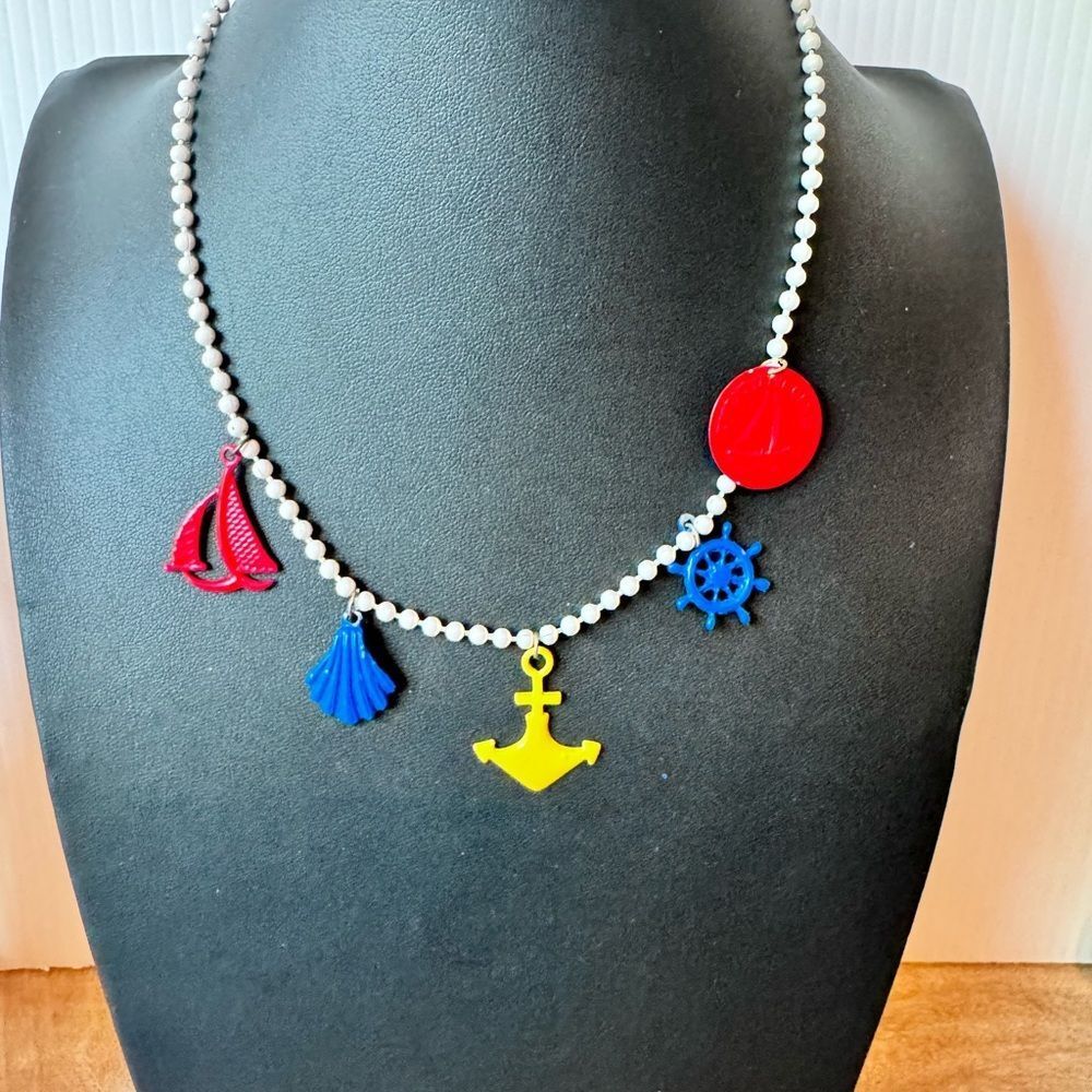 Vintage Nautical Sea Ocean 1960’s Korea Signed Necklace Sailboat Anchor Preppy